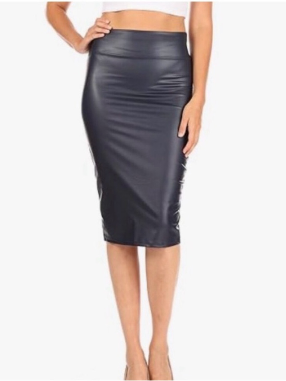 NWOT Black Ruffled Faux Leather Midi Skirt